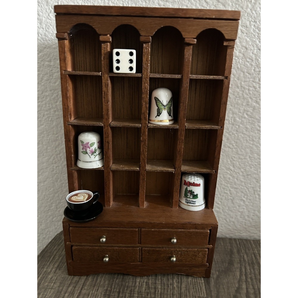 Vintage Wood Thimble Display Shelf 16 Cubby +2 Drawers Miniature Curio Wall 8"